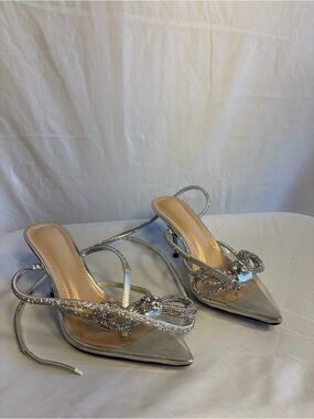 Silver Embellished Pointed-Toe Mules with Bow Detail